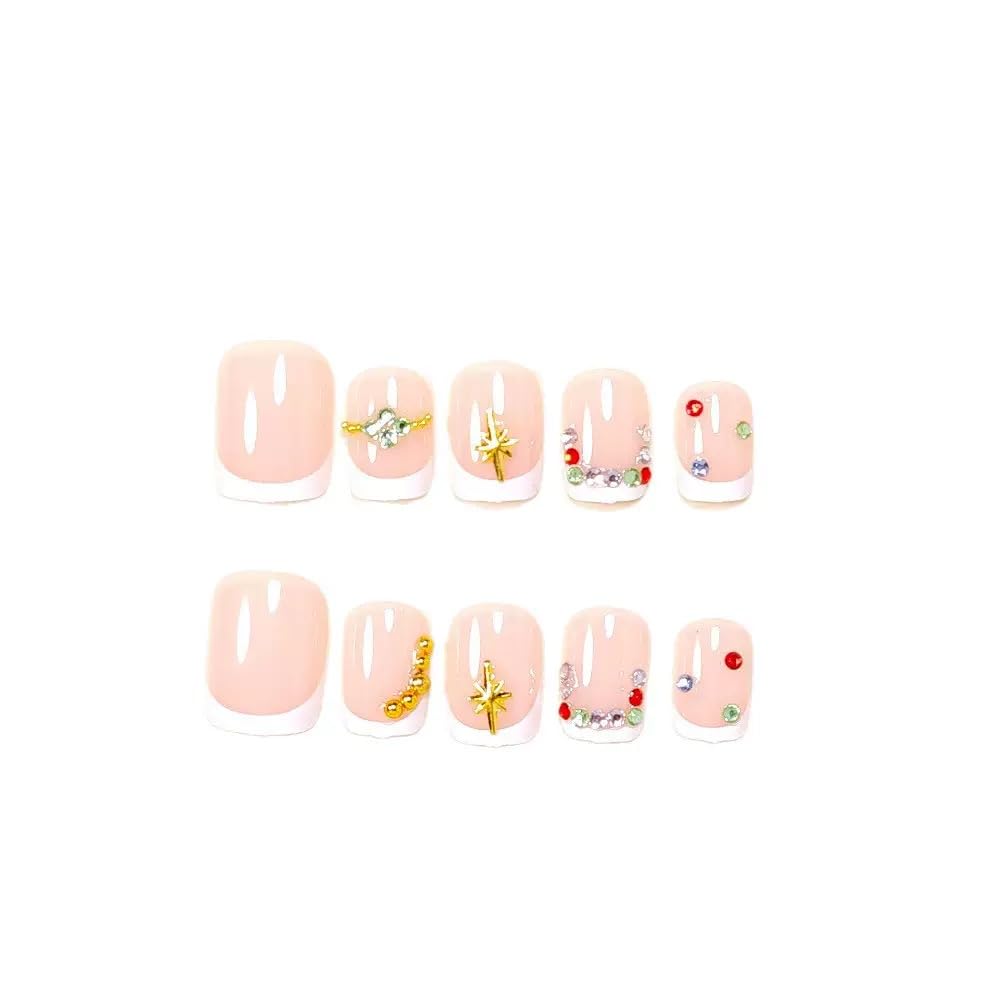 CTTHNBD Square Press on Nails Short - White French Tip Fake Nails with Starburst Design - Rhinestone Full Cover False Nails for Women 24 Pcx