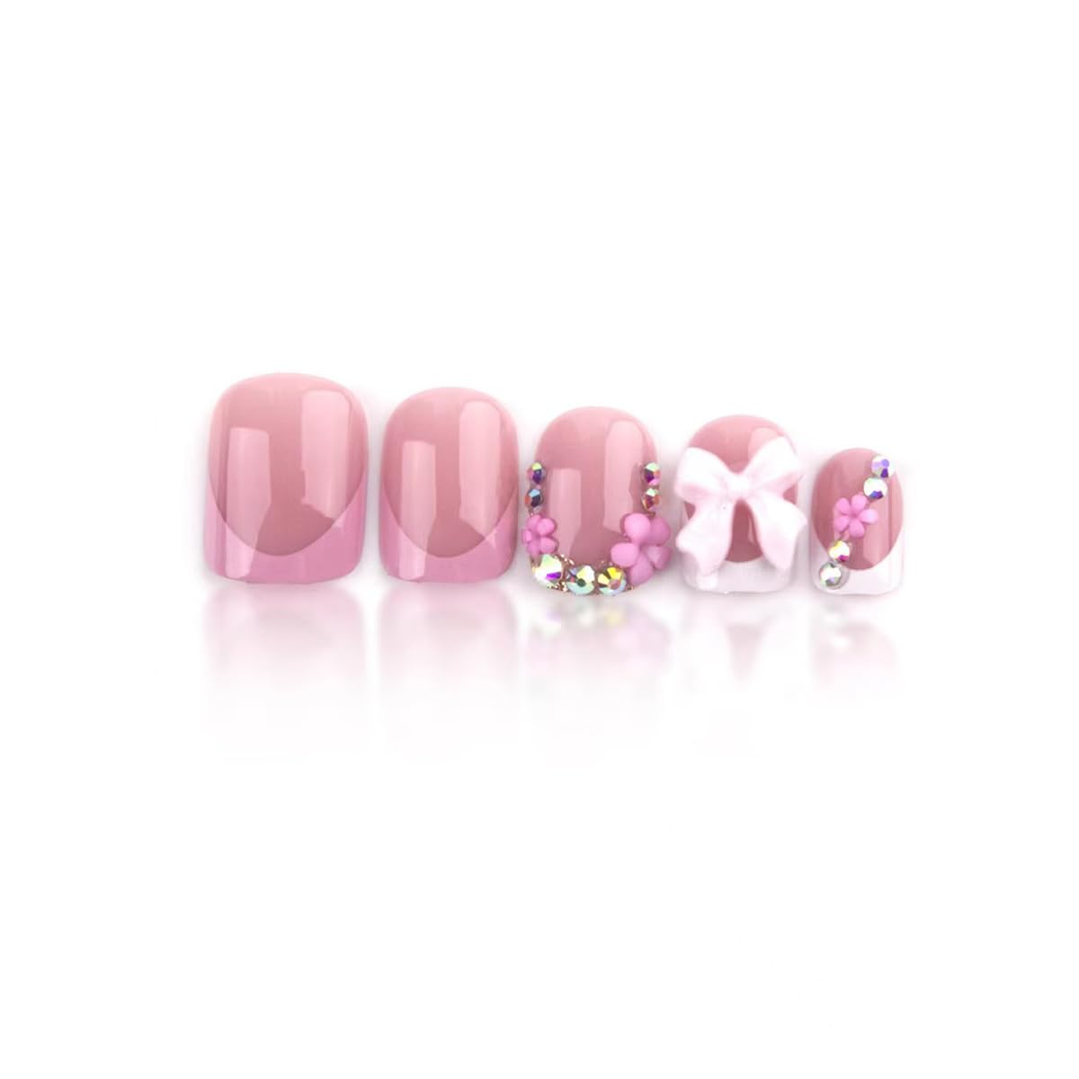 Bow Press on Nails Short Square Fake Nails French Tip Nail Press ons with Rhinestone Design Flower Glue on Nail Glossy Full Cover Artificial Acrylic Stick on Nails for Women Girls Manicure 24Pcs