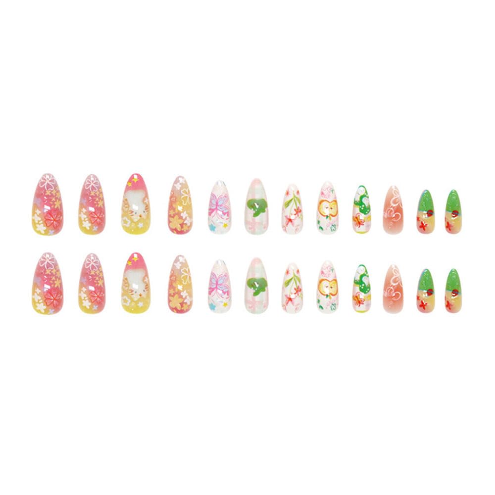 24 Pcs Fall Cartoon Press on Nails Short Almond,MINGCHUN Kawaii Fake Nails Press ons Acrylic Nail Art Tips Kit Full Cover False Nails Glue on Nails with Cute Flowers Design for Women Nail Supplies