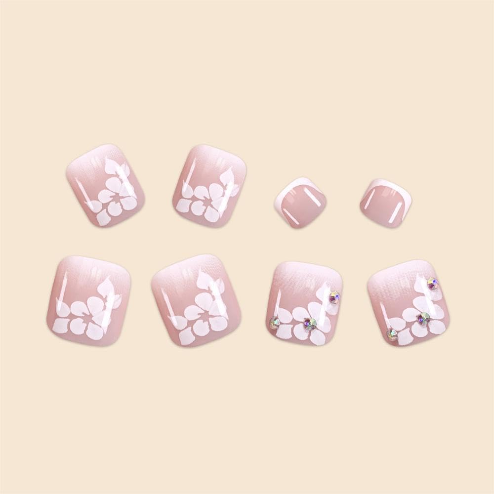 Ombre Press on Toenails Flower Fake Toenails French Tips False Toenails with Rhinestone Designs Glue on Toenail Floral Full Cover Reusable Nude Acrylic Toenail Press ons for Women Manicure 24Pcs