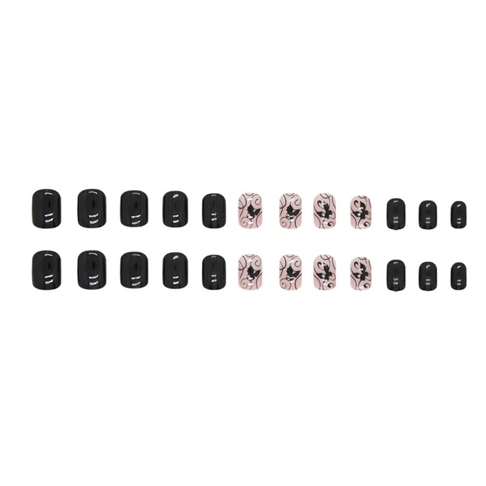 Black Press on Nails Short Square Fake Nails with Flower Vine Butterfly Design Full Cover Acrylic Nail Rhinestone Artificial Glue on Nails for Women Reusable Nails Decorations Kit 24Pcs