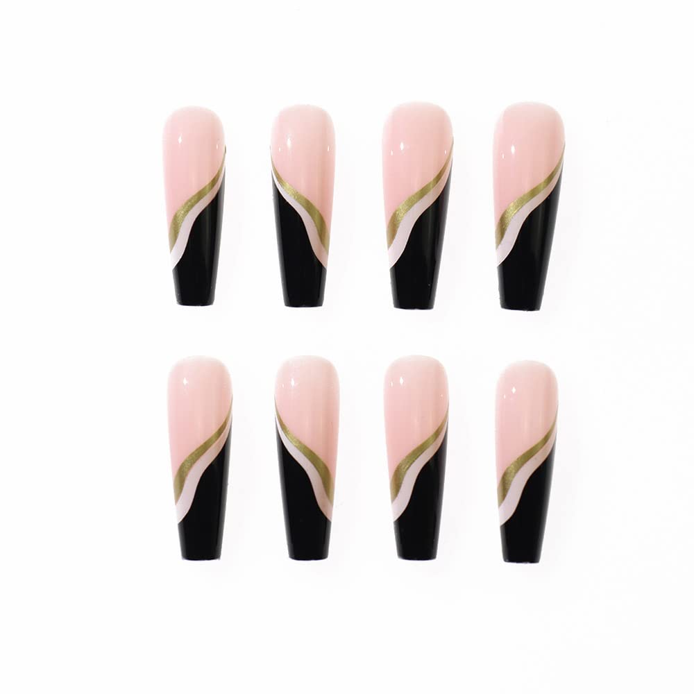 YoYoee Black Press On Nails Coffin Long Fake Nails Acrylic Luxury False Nails French Full Cover Stick On Nails for Women and Girls 24 PCS