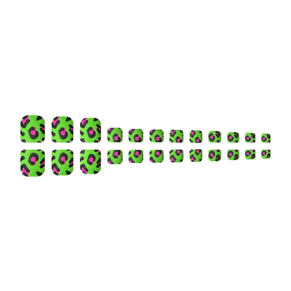 Red Black Leopard Press on Toenails Short Square Glue on Toenails with Green Design Summer Fake Toe Nails Spring False Toenail Reusable Full Cover Stick on Toenail for Women Girls Manicure 24Pcs