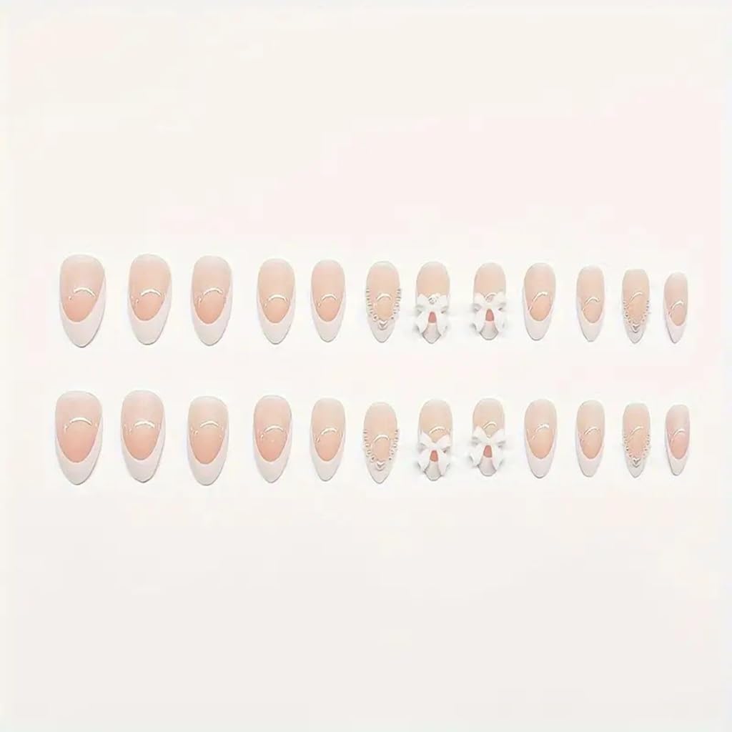 Almond Press on Nails Medium Fake Nails White French Tip False Nails with 3D Bow Charms Design Glue on Nails Pearl Full Cover Stick on Nails Elegant Artificial Nails for Women Manicure 24Pcs