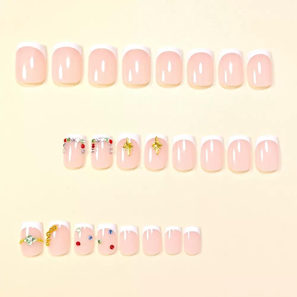 CTTHNBD Square Press on Nails Short - White French Tip Fake Nails with Starburst Design - Rhinestone Full Cover False Nails for Women 24 Pcx