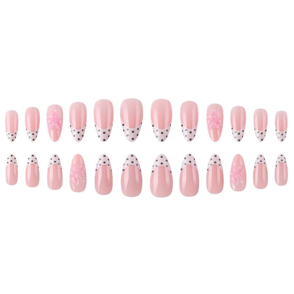 Almond Press on Nails Medium Fake Nails with 5D Flower Charm Design Glossy Polka Dots French Tips Glue on Nails Spring Summer Nail Press ons Reusable Full Cover Pink Nail for Women Manicure 24Pcs