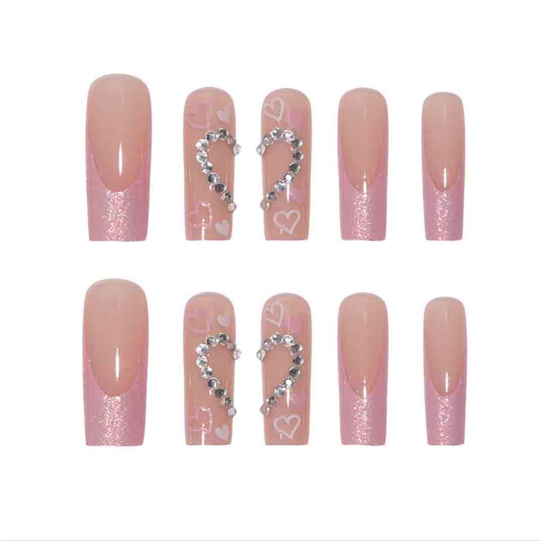 Foccna Long Press on Pink Square French Fake Nails - Full Cover Bling Acrylic False Rhinestone With LOVE Design for Women and Girls - 24PCS