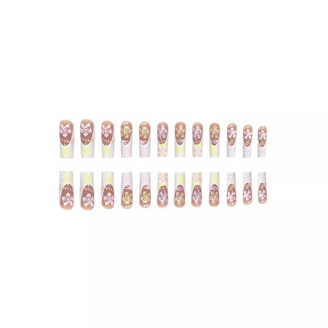 CTTHNBD Press On Coffin & Toenail Set, French Tip Flower Line Nail Set, Full Cover Stick on Acrylic Nails Glue, Manicure 48Pcs