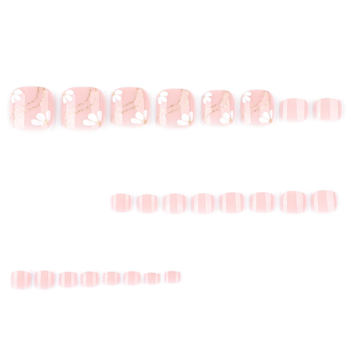 PEPFTG Pink Press on Toenails Short Square Fake Toenails with Flower Gold Line Design Stick on Nails French Tip Nails Press on Toenails Summer Acrylic Glue on Toenail for Women Manicure 24Pcs