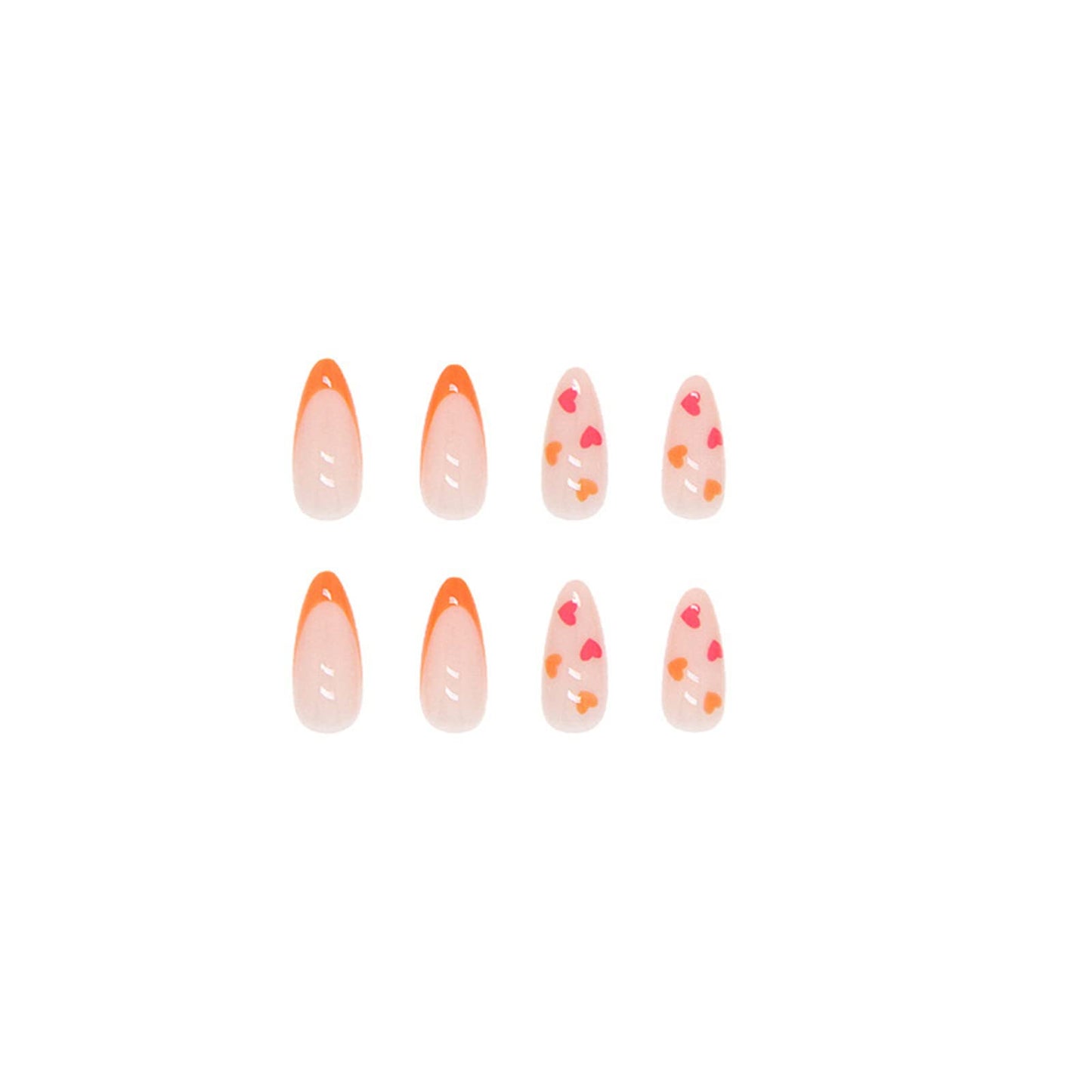 SINHOT French Tip Round Press on Naills Medium Fake Nails Heart Glue on Nails Orange Glossy False Nail Full Cover Oval Acrylic Nail for Women & Girls 24Pcs