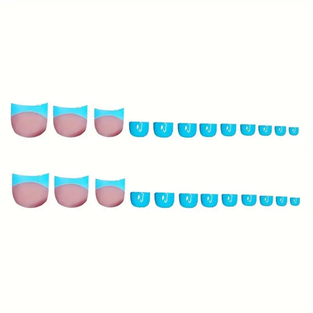 48Pcs Blue Press on Toenails Short Square Press on Nails Blue White French Tips False Nails with Water Ripple Design Glossy Skintones Fake Toenails Summer Fake Nails Kit for Women Girls Manicure
