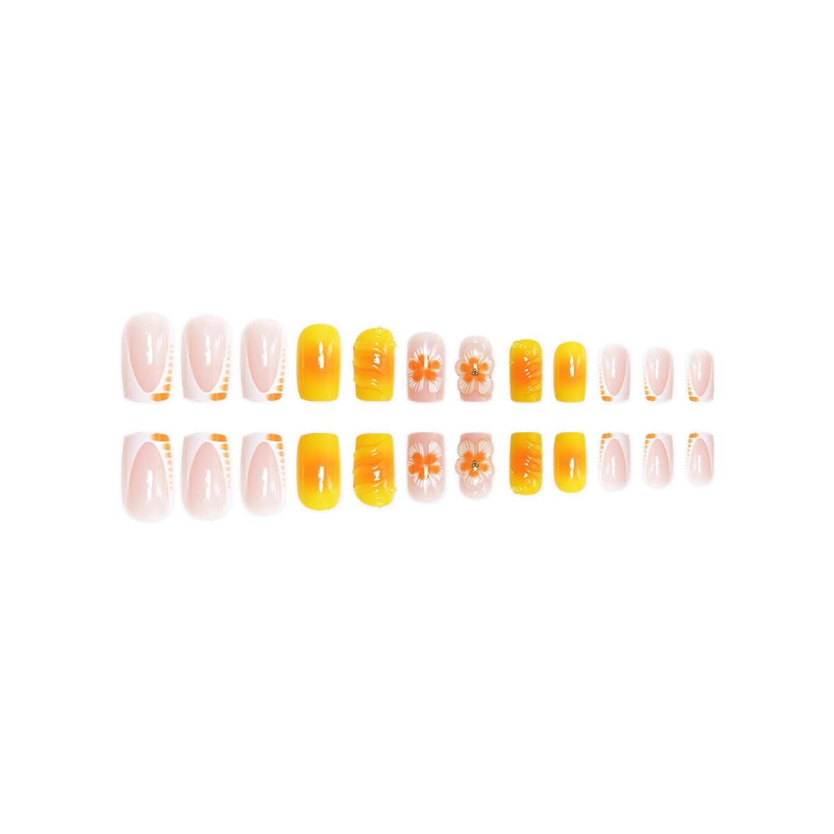 48Pcs Yellow Orange Press on Nails Medium Square Press on Toenails, French Tip Square Fake Nails, Summer Tropical Flower Design False Nails for Women Summer Manicure Kit