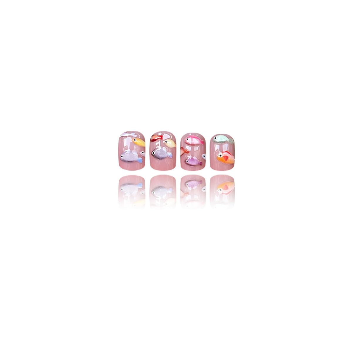 Summer Press on Nails - Short Square, Fish Design, Full Cover Glue on Nails for Women Manicure 24 Pcs