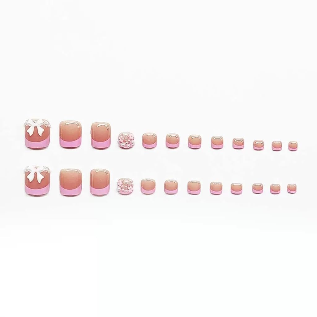 CTTHNBD Pink Press-on Toenails Short Square French Tip 3D Flower Bow Design False Toe Nails 24Pcs