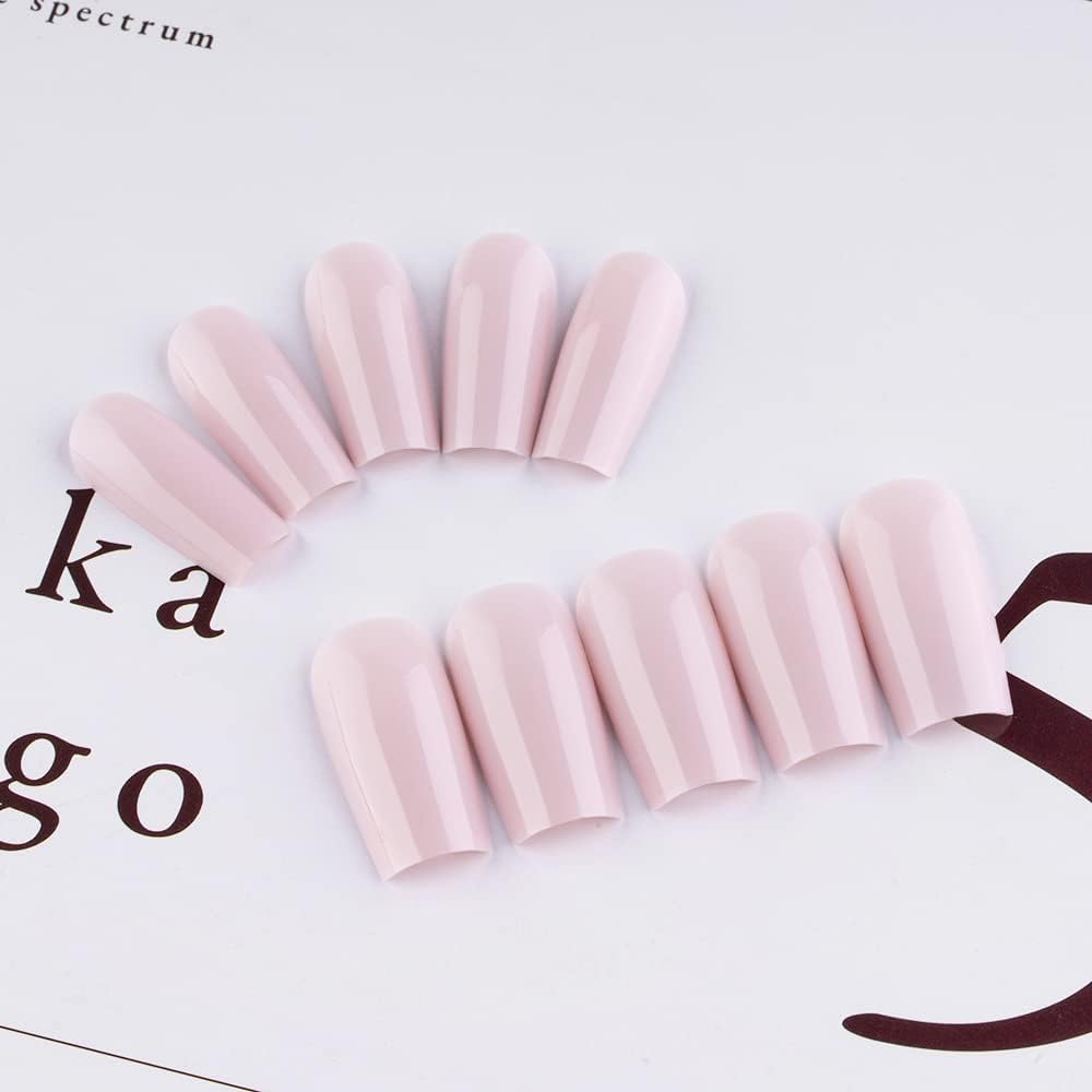 KQueenest Pastel Pink Press on Nails Long Medium Square, Dusty Pink Fake Nails Medium Coffin, Glossy Sheer Color Acrylic Nails Press ons, Reusable Soft Gel Glue on Nails for Women Summer