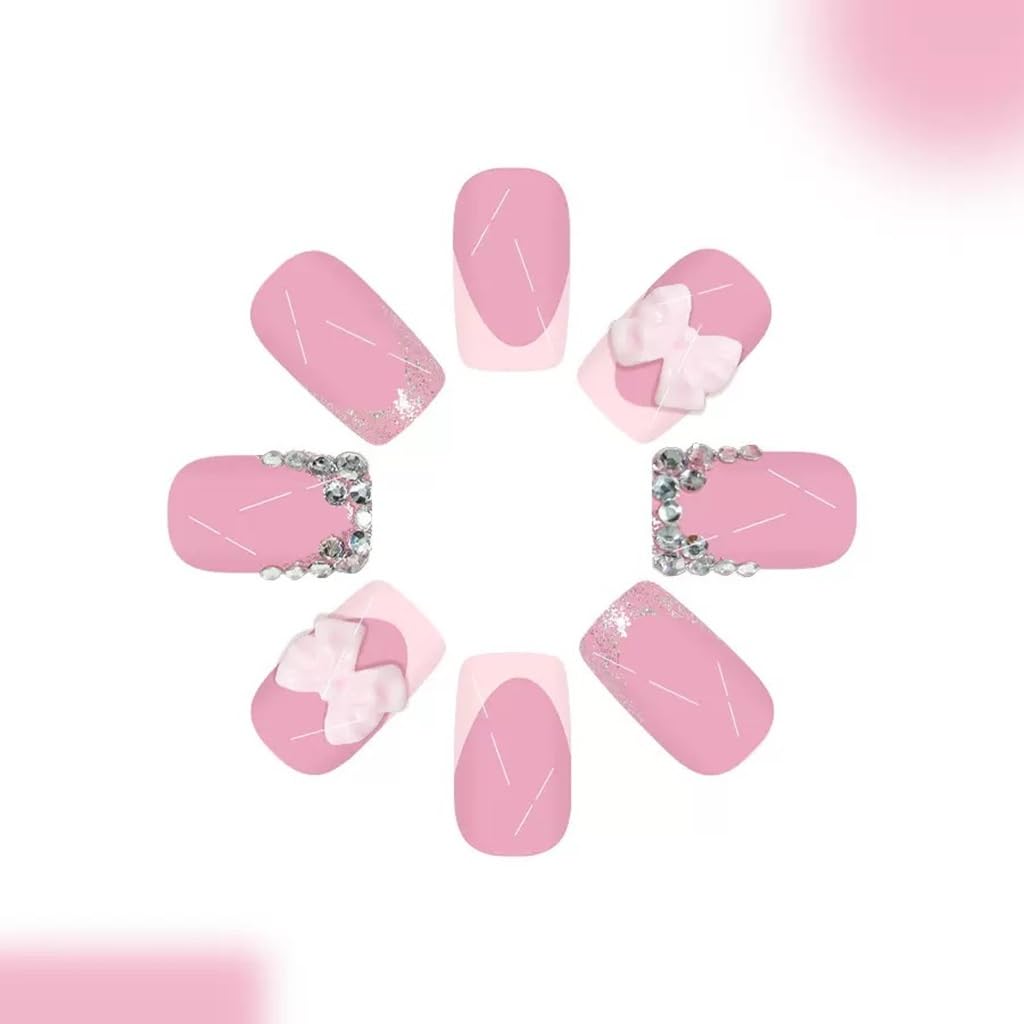 CTTHNBD Press on Nails Square - Medium Fake Nails with Bow Deisgn - Rhinestone, Pink French Tip False Nails - for Women 24 Pcs