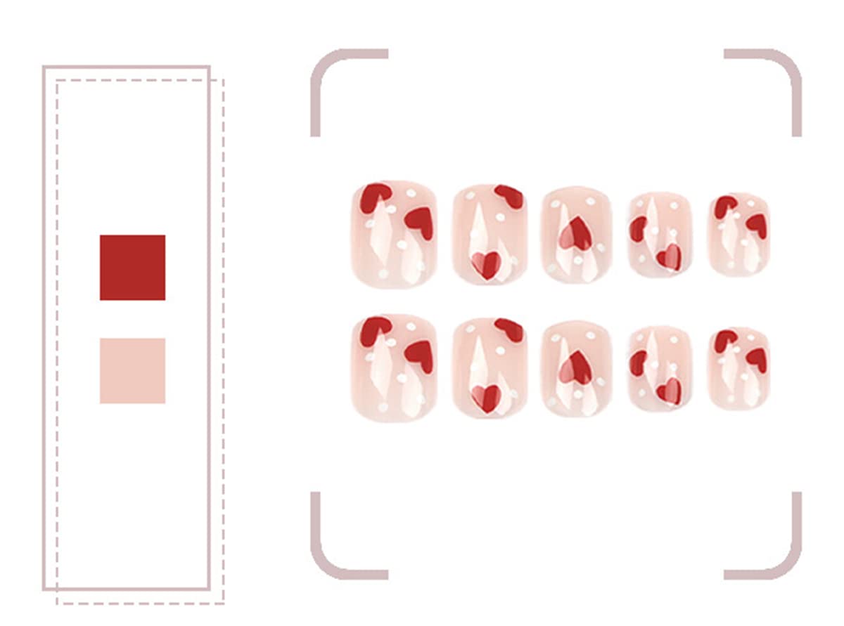 Heart Press on Nails Short Length Red Hearts Fake Nails Valentine's Fake Nails Stick on Nails Heart Full Cover False Nails with Design for Women Girls Valentines Short Acrylic Nails Supply 24Pcs