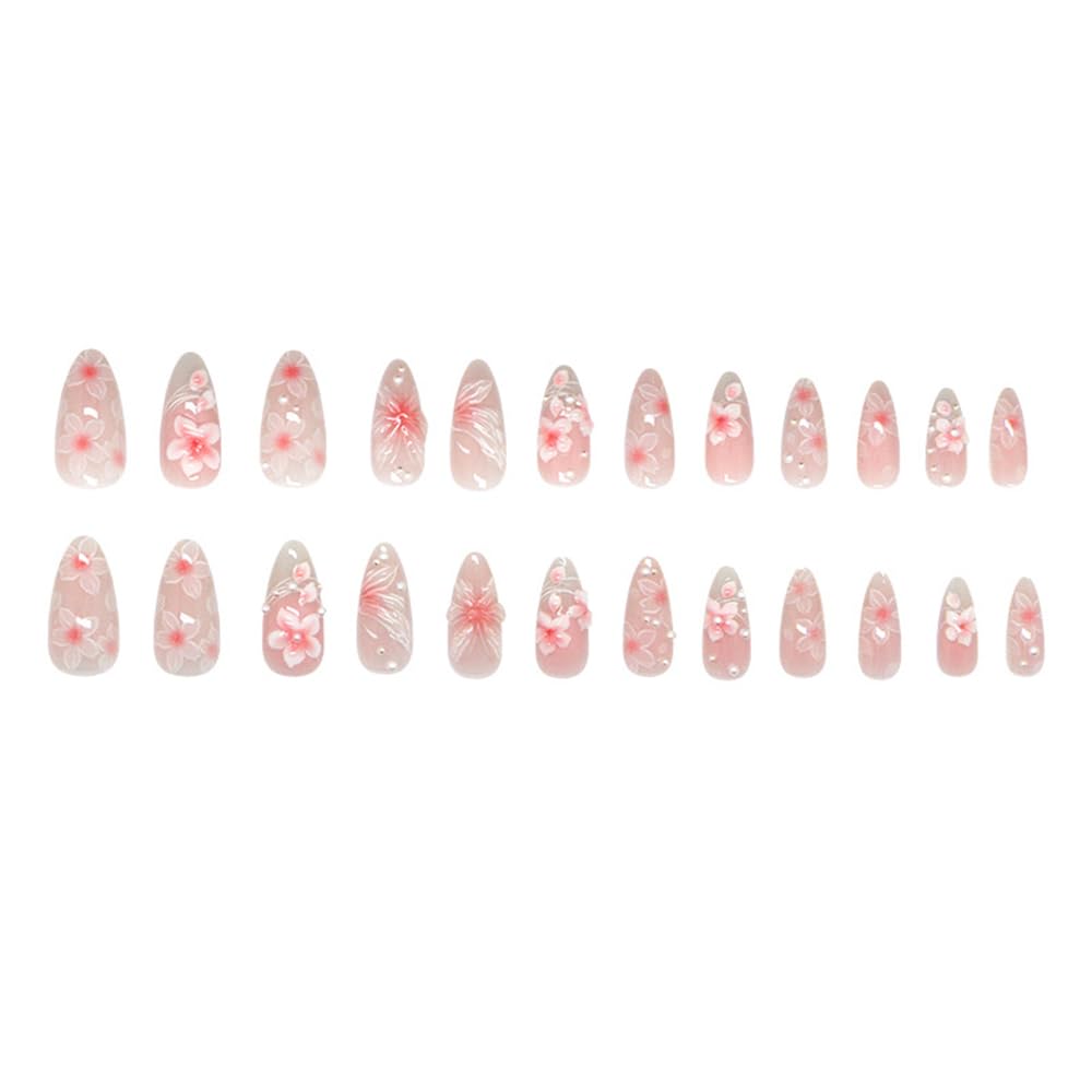24 Pcs Pink Press on Nails Short Almond,MINGCHUN Fall Fake Nails Press ons Acrylic Nail Art Tips Kit Full Cover False Nails Glue on Nails with Flowers Pearl 3D Texture Design for Women Nail Supplies