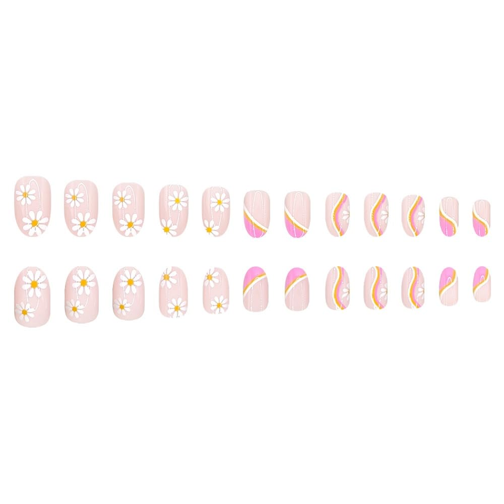 Flower Press on Nails Short Almond Fake Nails with Floral Design Glossy Yellow White Striped Glue on Nails Spring Summer Nail Press ons Reusable Full Cover Pink Acrylic Nail for Women Manicure 24Pcs