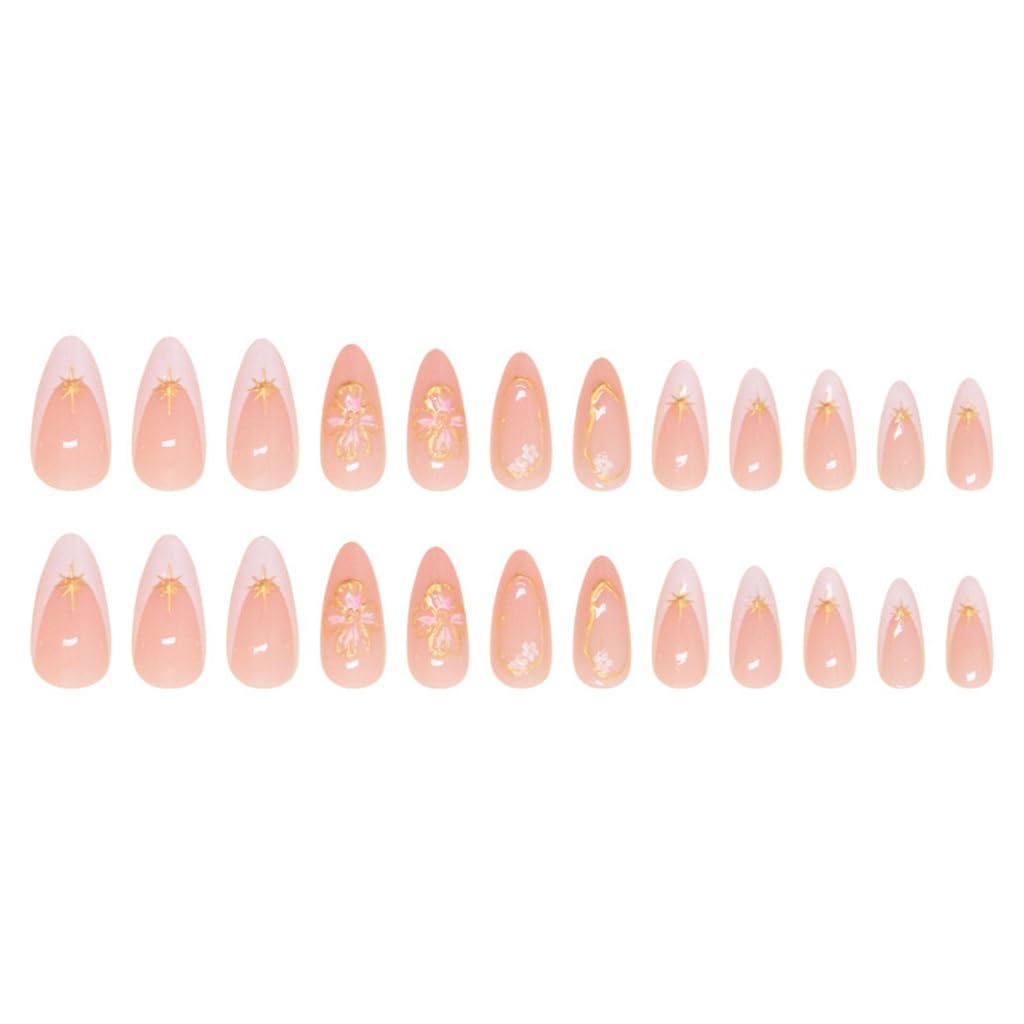 Medium Press on Nails Almond - White French Tip Fake Nails with Flower Design - Gold Stripes Stick on False Nails for Women 24 Pcs