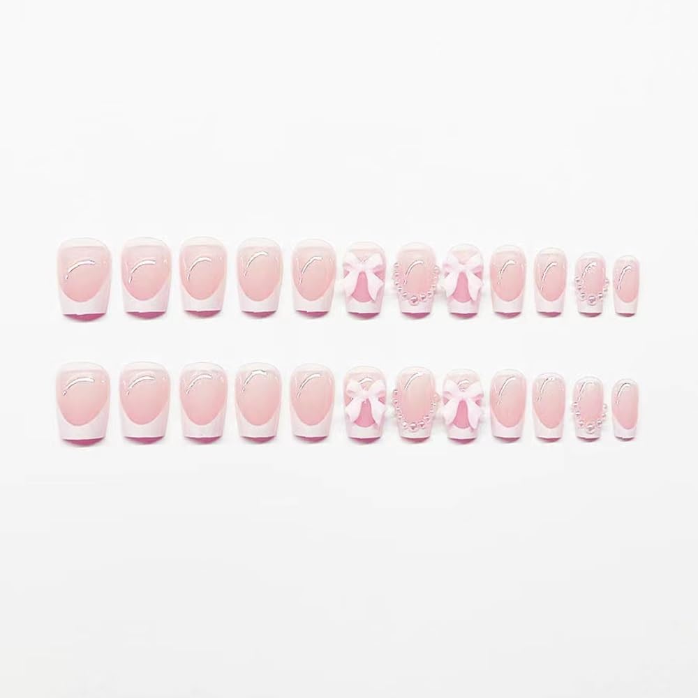 Short Press On Square Fake Nails - White French Tip, Pearl Bow Charms Design - Glue On, Glossy Full Cover Stick On Nails - 24 Pcs