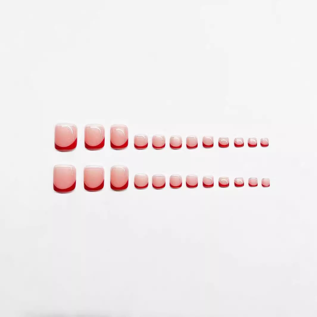 48Pcs Press on Nails & Toenails Set, Square Medium with Heart Design, French Tip, Red Fake Acrylic Nails Kit for Women Manicure