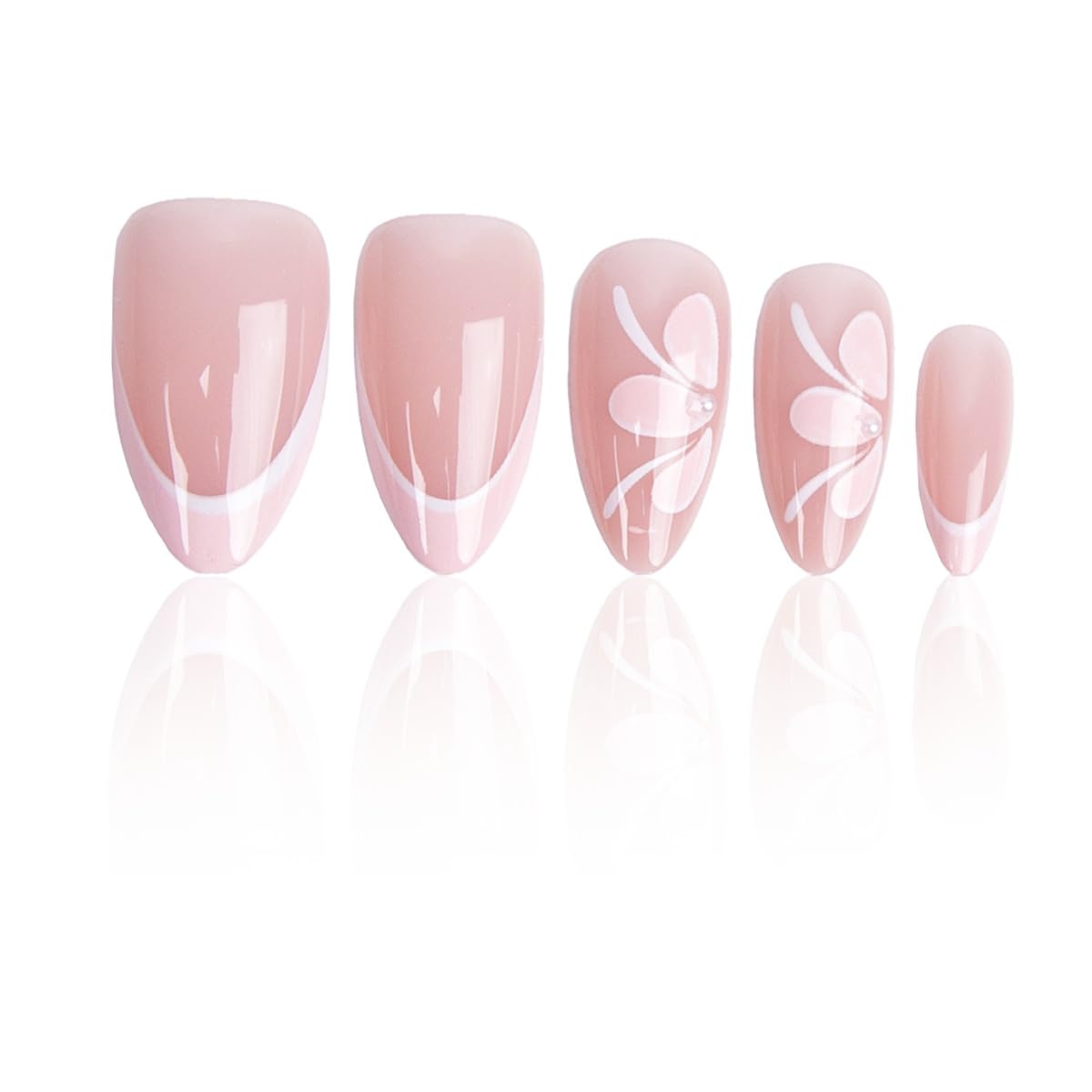 Pink French Tip Press on Nails - Medium Almond Nude Fake Nails with Flower & Pearl Design, Glossy Spring Summer Stick on Nails for Women Manicure, Glossy Finish | 12 Sizes - 24 Pcs