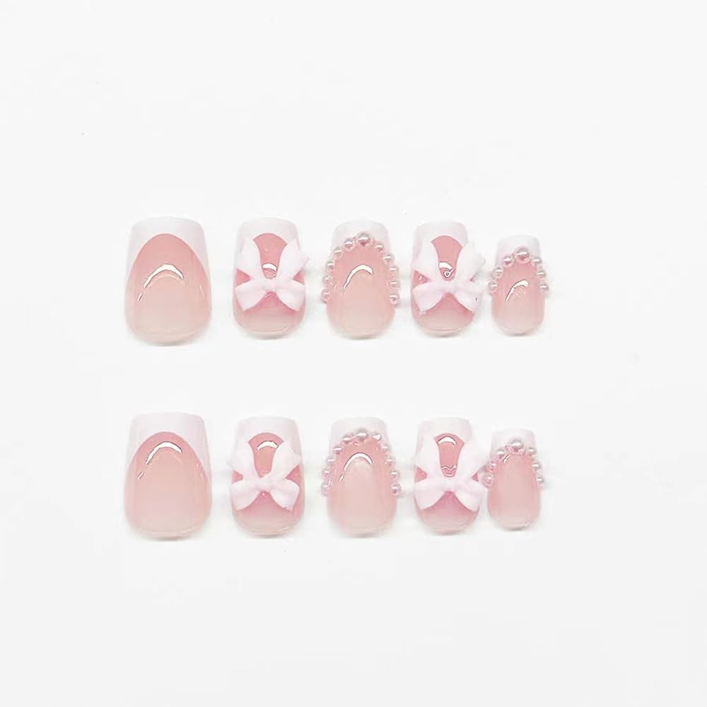 Short Press On Square Fake Nails - White French Tip, Pearl Bow Charms Design - Glue On, Glossy Full Cover Stick On Nails - 24 Pcs