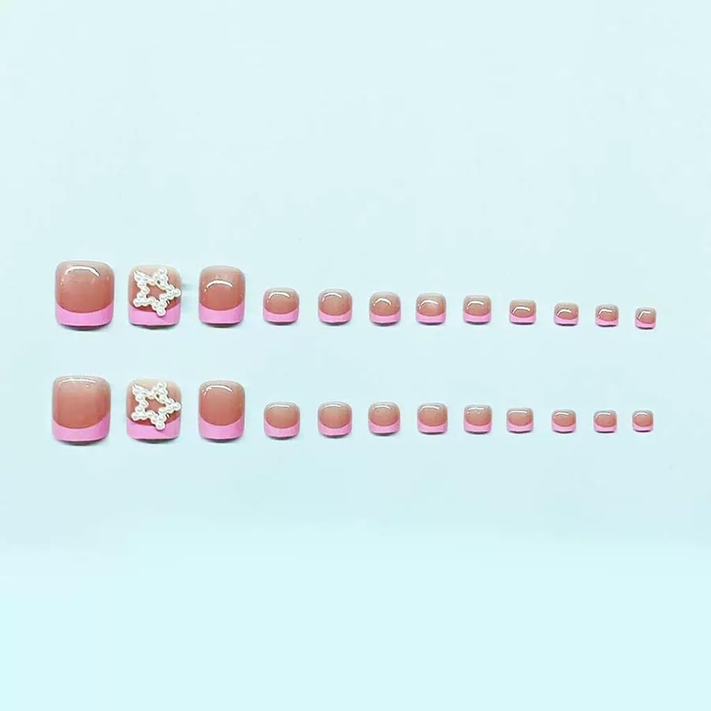 CTTHNBD Press on Toenails - Pink French Tip Fake Toenails with Star Design - Summer, Short Square Press on Toe Nails - for Women 24 Pcs