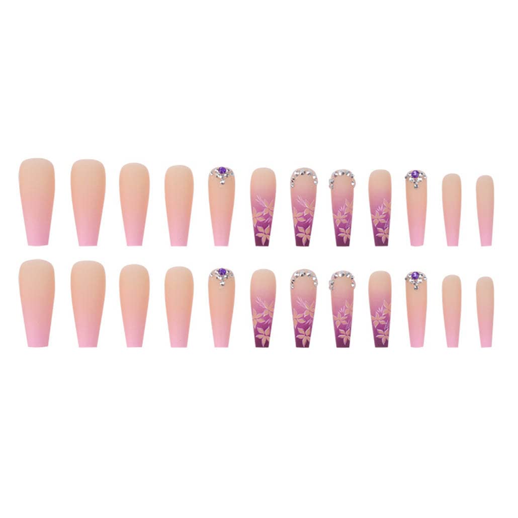 Foccna Artificail Extra Long Press on Nails, Rhinestone Pink Fake Nails with Glitter Acrylic Full Cover Fake Nails with Design Nail Tips for Women&Girls, 24PCS