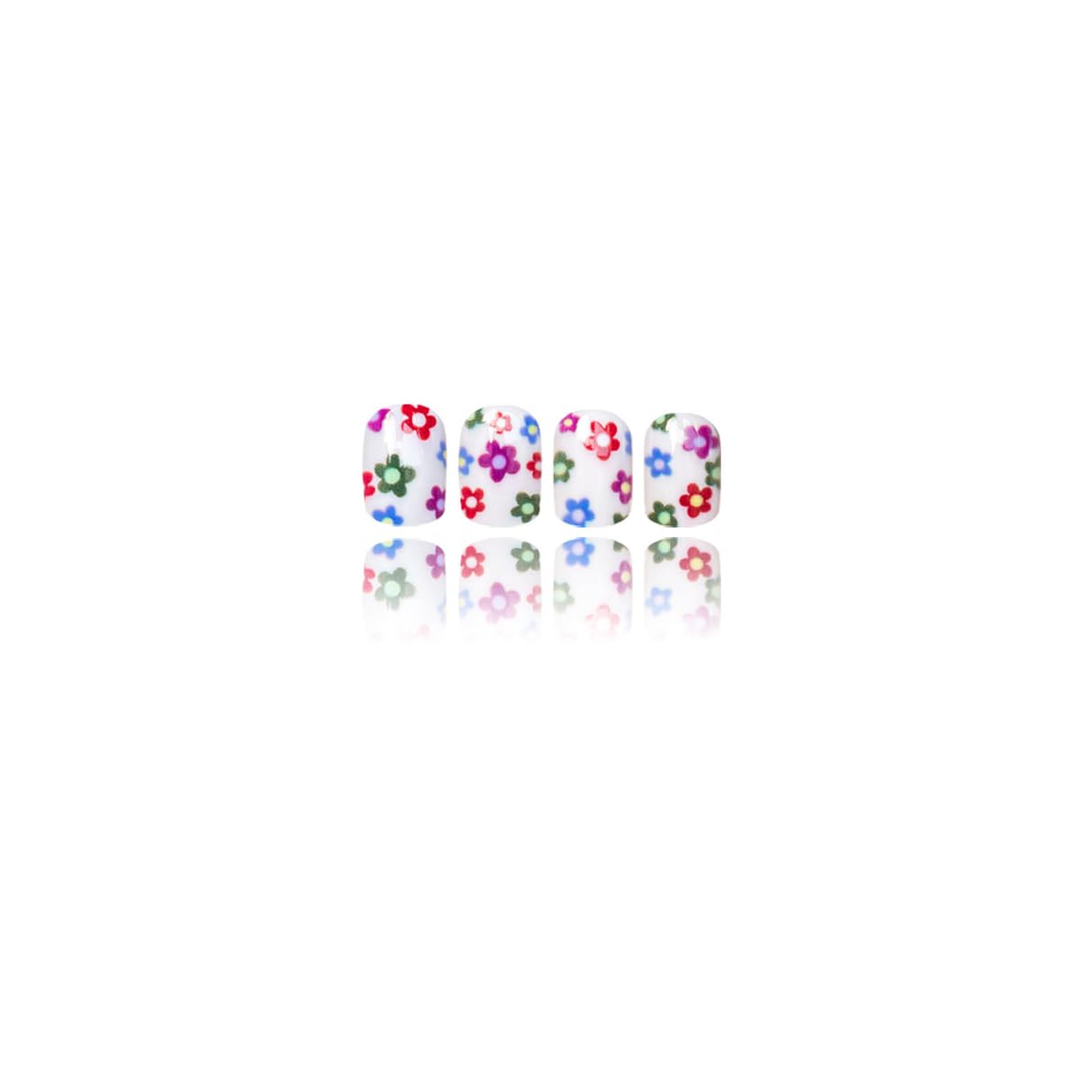 Flower Press on Nails Short Square Fake Nails Black White Nails Press ons with Colorful Floral Design,Spring Summer Reusable Artificial Nails,24Pcs Nail Kit for Women Manicure