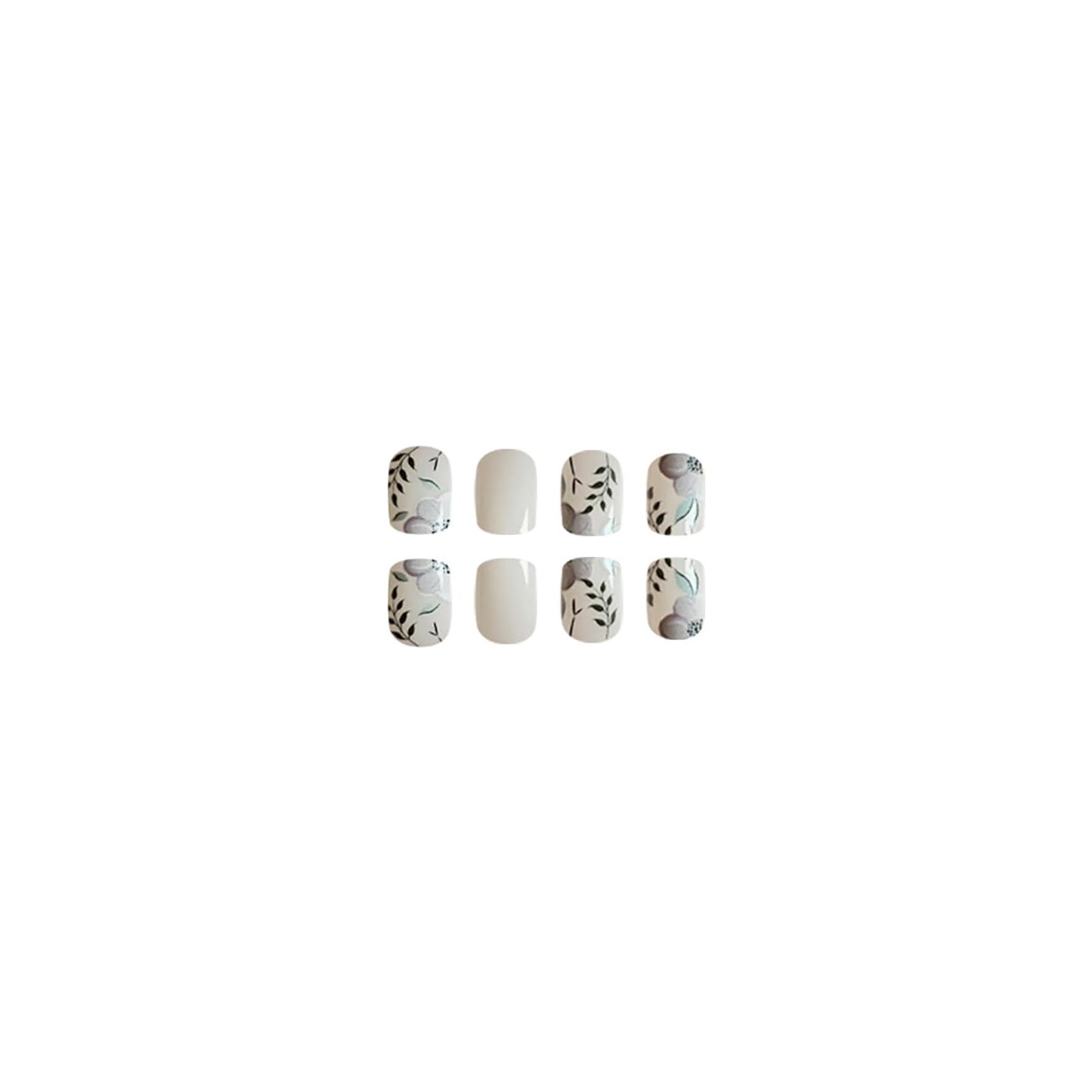 RTKHFZE Press on Nails Medium Square Fake Nails with Flower Leaf Designs White Acrylic Nails Green Full Cover Glue on Nails Glossy Artificial Nails Summer Stick on Nail for Women 24Pcs