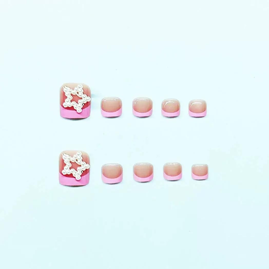 CTTHNBD Press on Toenails - Pink French Tip Fake Toenails with Star Design - Summer, Short Square Press on Toe Nails - for Women 24 Pcs