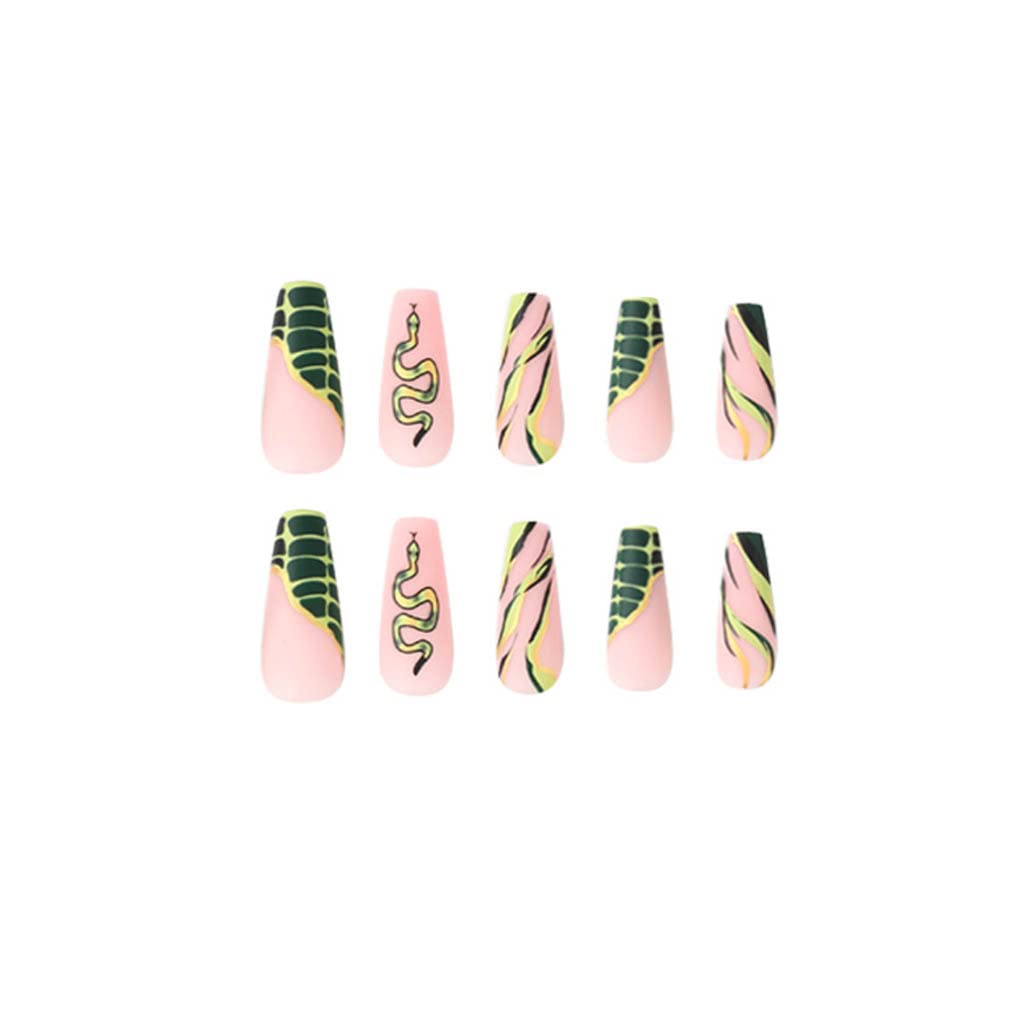 Foccna Green Long Fake Nails Tips Coffin Press on Snake Women's French False Glossy Daily Wear Artificail Nails for Gorgeous Nail Art Manicure Decoration