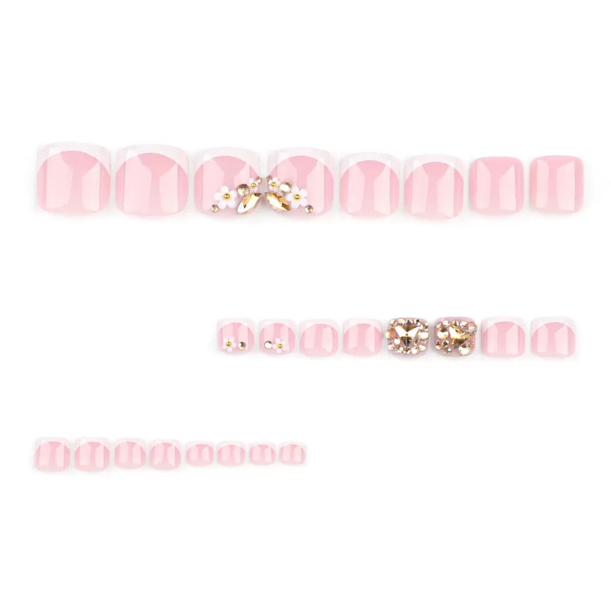 CTTHNBD Press on Toenails - White French Tip Fake Toenails with Flower Charms Design - Short Square Press on Toe Nails - for Women 24 Pcs