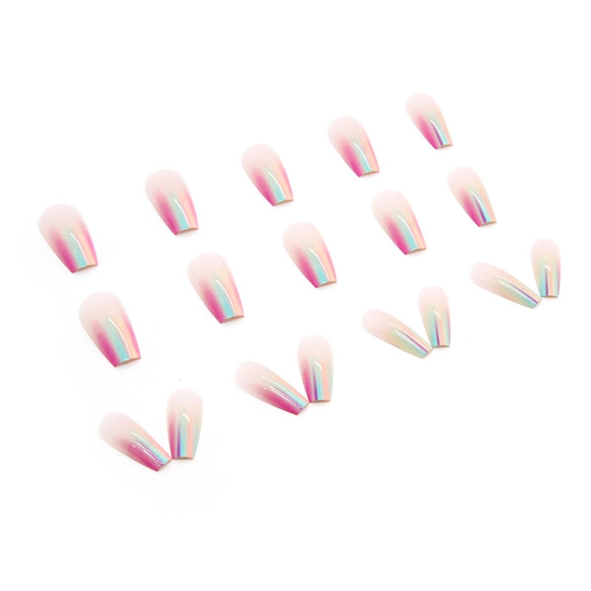 Press On Nails Coffin Medium Aurora Rainbow Glossy Full Cover Glue on Nails with Designs Colorful Chrome Artificial Acrylic Nails Kit for Women Manicure 24Pcs