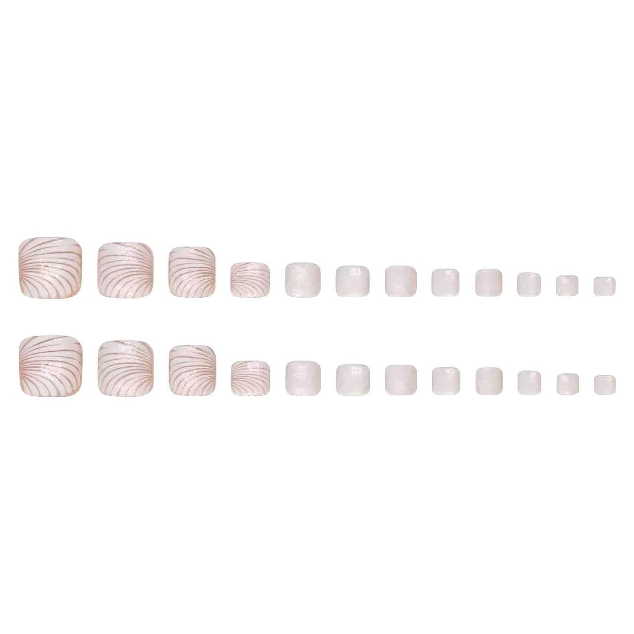 Seashell Pattern Press On Nails, White Glitter False Toenails Set, 24 Pieces Reusable Artificial Nail Tips with Nail File, Multiple Sizes 6-17.5mm