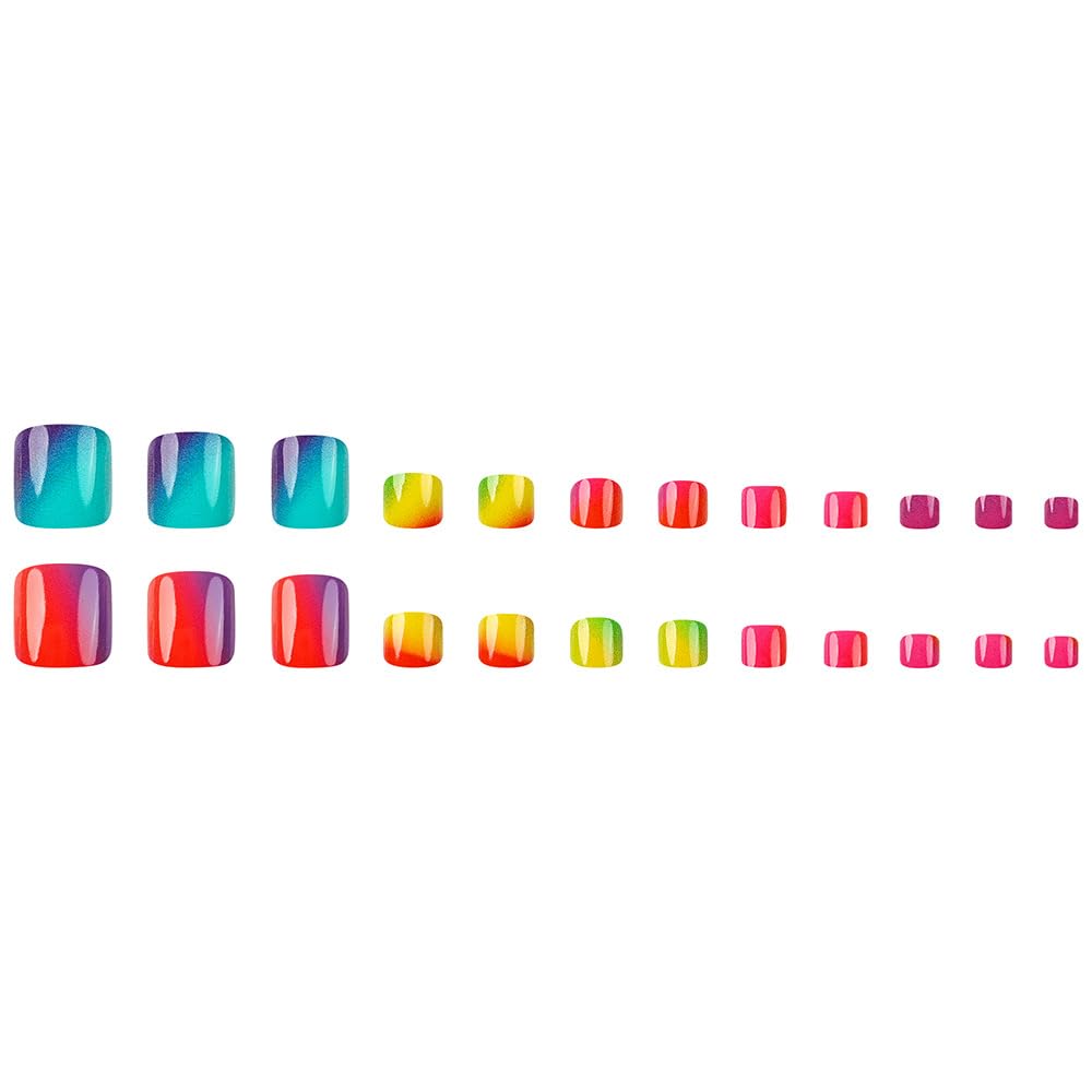 Colorful Press on Toenails Short Square Fake Toe Nails with Ombre Design Glossy Summer False Toenails Cute Spring Stick on Toenail Reusable Full Cover Glue on Toenail for Women Girls Manicure 24Pcs