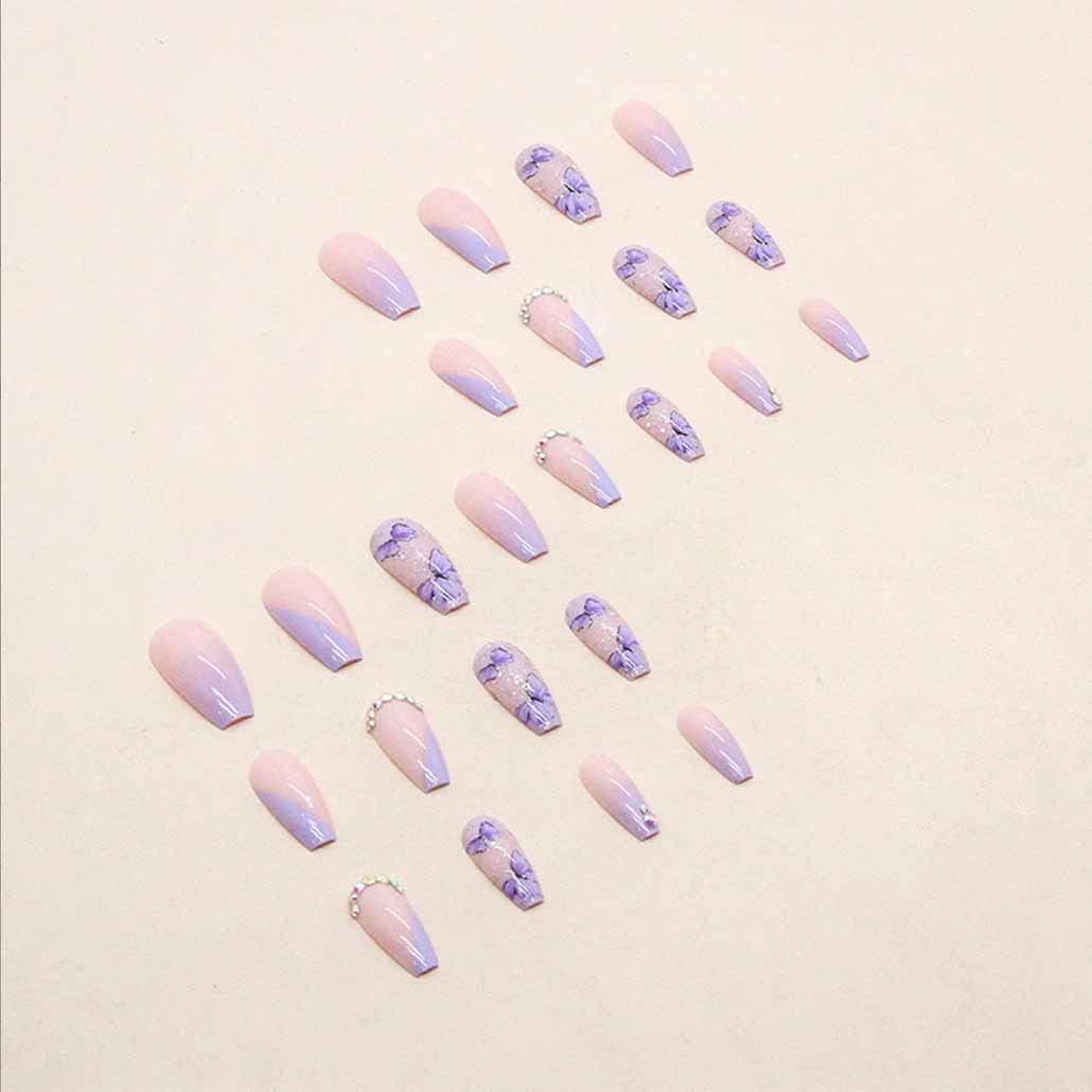 Foccna Purple Fake Nails Sequins Glitter Acrylic Butterfly Artificail Long Press on Rhinestone Nails, Purple Full Cover Fake Nails with Design Nail Tips for Women&Girls-24PCS