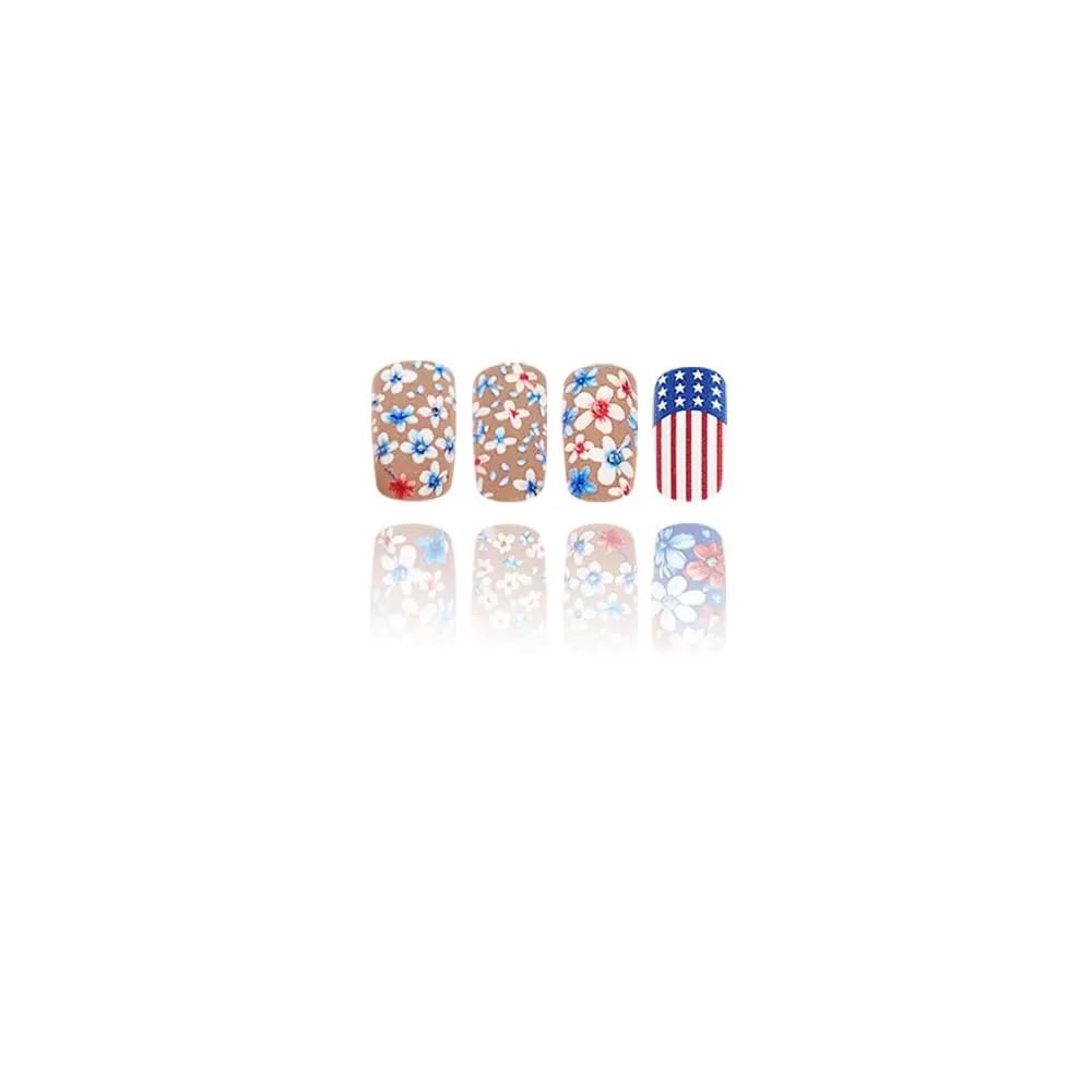 4th of July Press on Nails Medium - Square Fake Nails with Flower Design - American Flag, Independence Day False Nails - for Women 24 Pcs