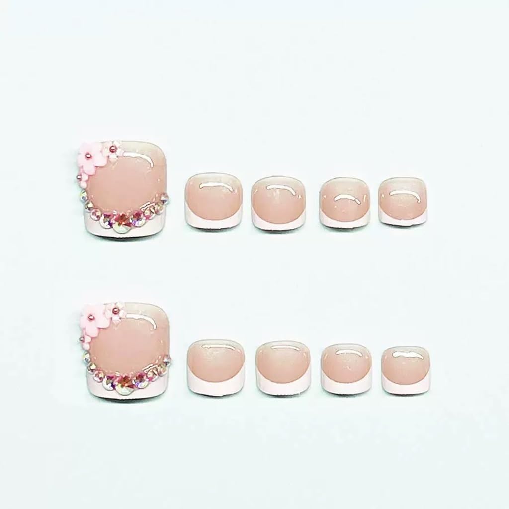 CTTHNBD Press on Toenails Square - White French Tip with Flower Design - Summer, Short Press on Toe Nails - for Women 24 Pcs