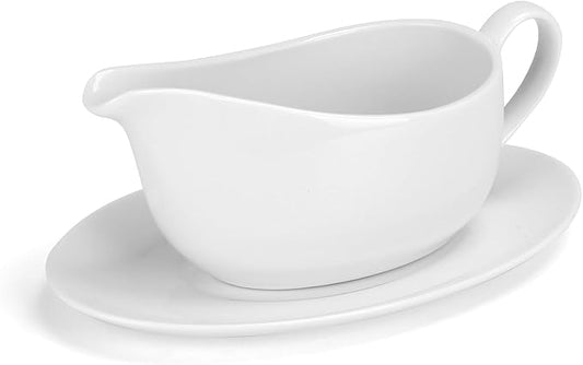 ShineMe Gravy Boat with Saucer, 14oz Porcelain Creamer Pitcher with Handle, White Serving Dishes for Holding Milk, Gravy, Sauce, Coffee Creamer, Salad Dressing...