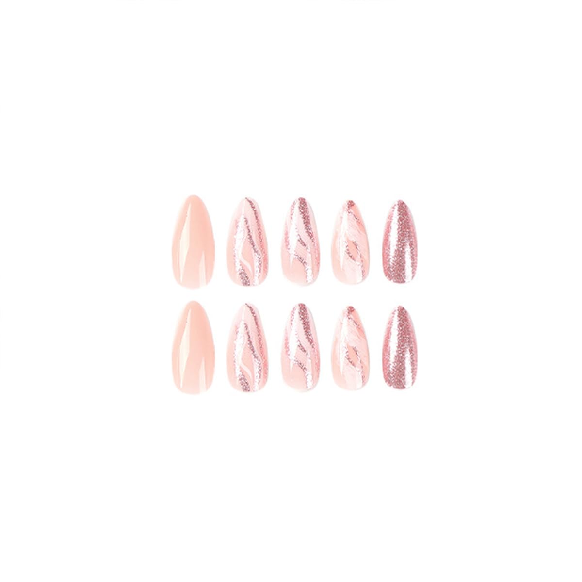 Almond Press On Nails - Medium Nude pink Fake Nail swith Glittery Lines Designs Glossy Finished Reusable False Nails with Glue Tabs - 24Pcs Nail Kit for Women Manicure