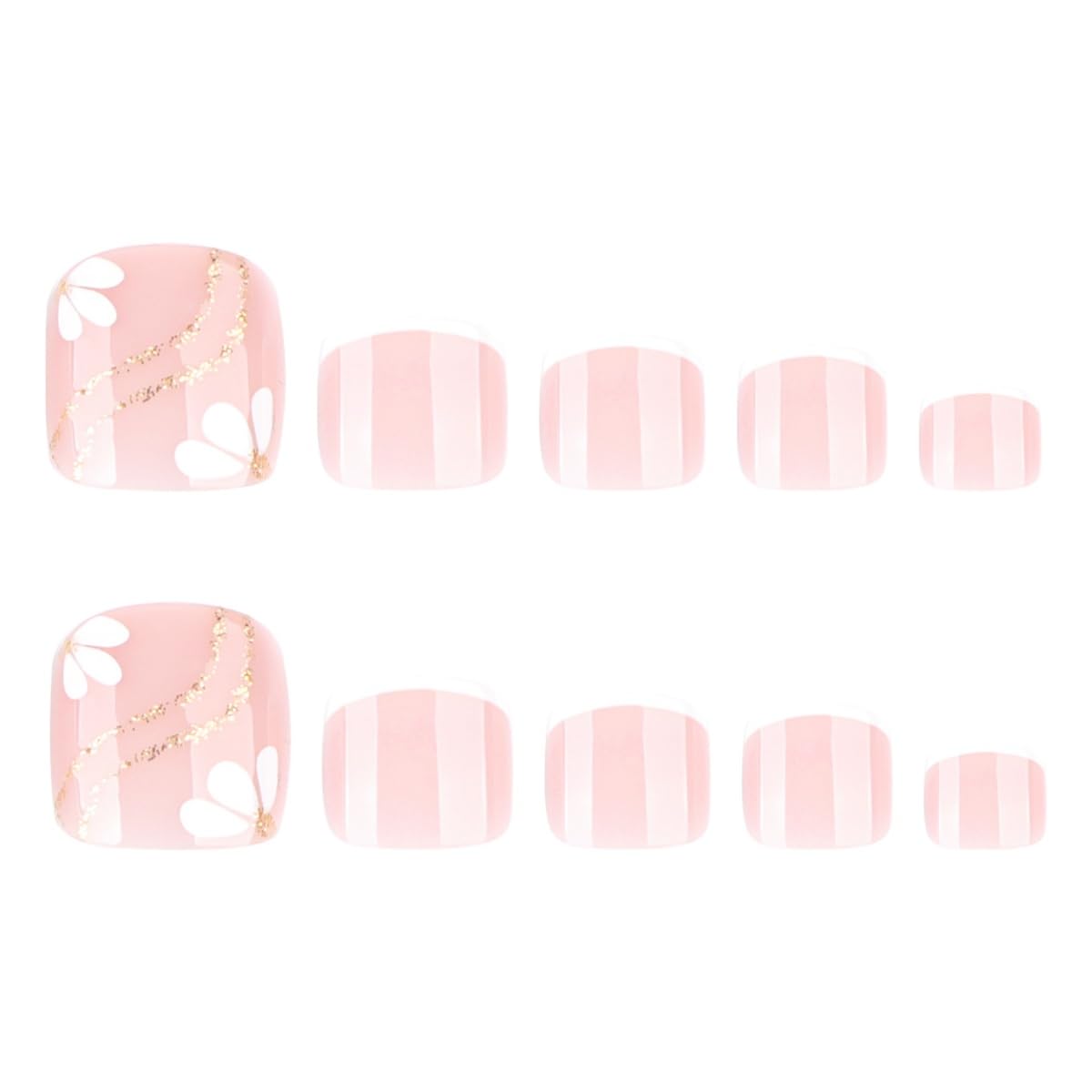PEPFTG Pink Press on Toenails Short Square Fake Toenails with Flower Gold Line Design Stick on Nails French Tip Nails Press on Toenails Summer Acrylic Glue on Toenail for Women Manicure 24Pcs