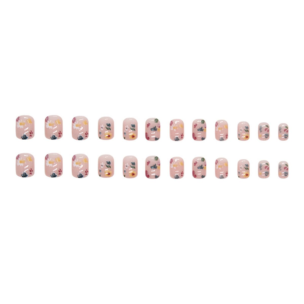 Flower Press on Nails Extra Short Square Fake Nails Nude False Nails Press ons with Colorful Floral Designs Reusable Acrylic Nails Full Cover Glue on Nails Stick on Nails for Women Manicure 24Pcs