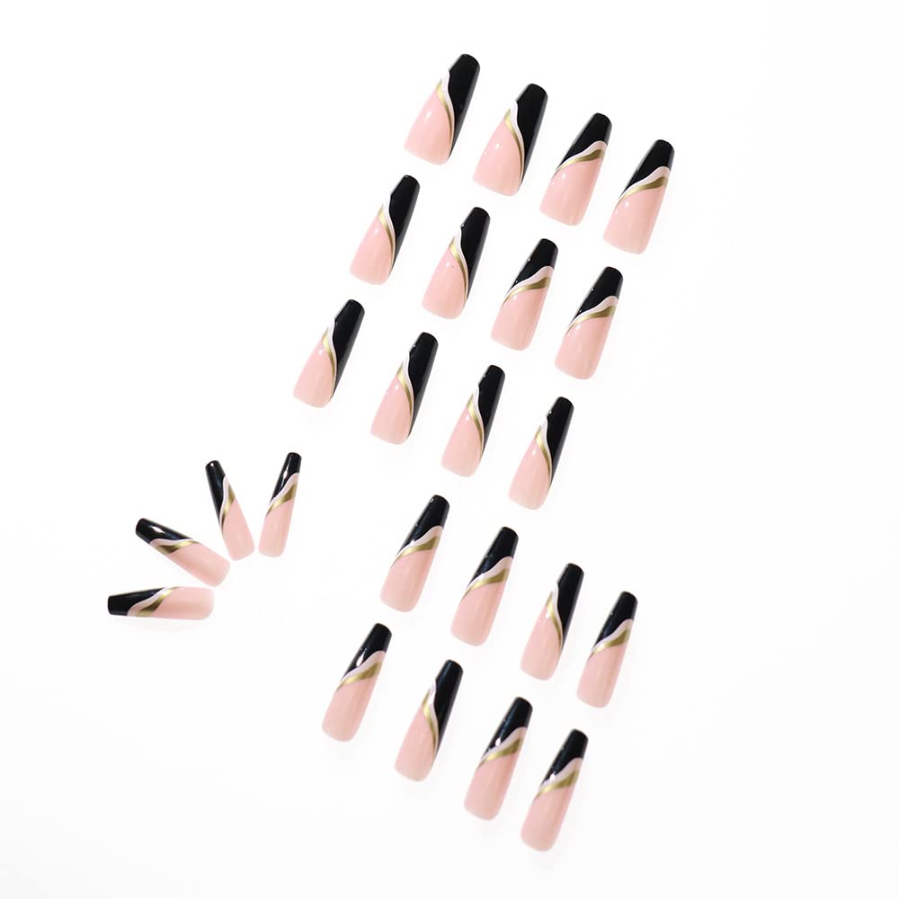 YoYoee Black Press On Nails Coffin Long Fake Nails Acrylic Luxury False Nails French Full Cover Stick On Nails for Women and Girls 24 PCS