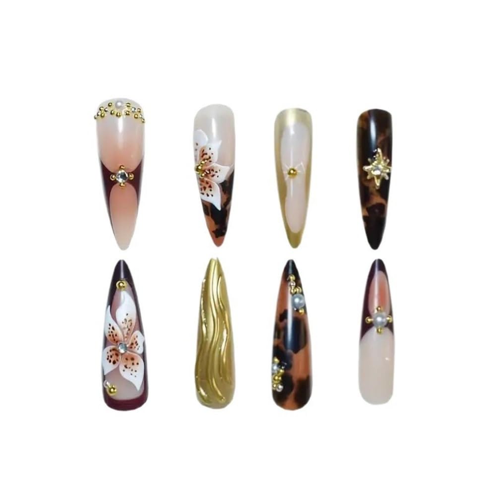 Almond Press on Nails Long Glue on Nail with 5D Rhinestones Flower Charm Design Tortoise Shell Acrylic Nails Glossy Gold Lines Curve Fake Nails Spring Summer Nail Press on for Women Manicure 24Pcs
