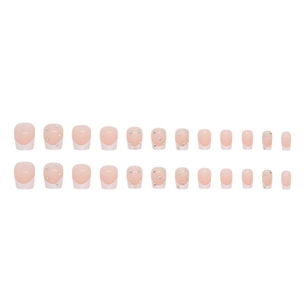 CTTHNBD Extra Short Press on Nails - Square Fake Nails with Rhinestone Design - White French Tip Full Cover Stick on Nails - for Women 24 Pcs