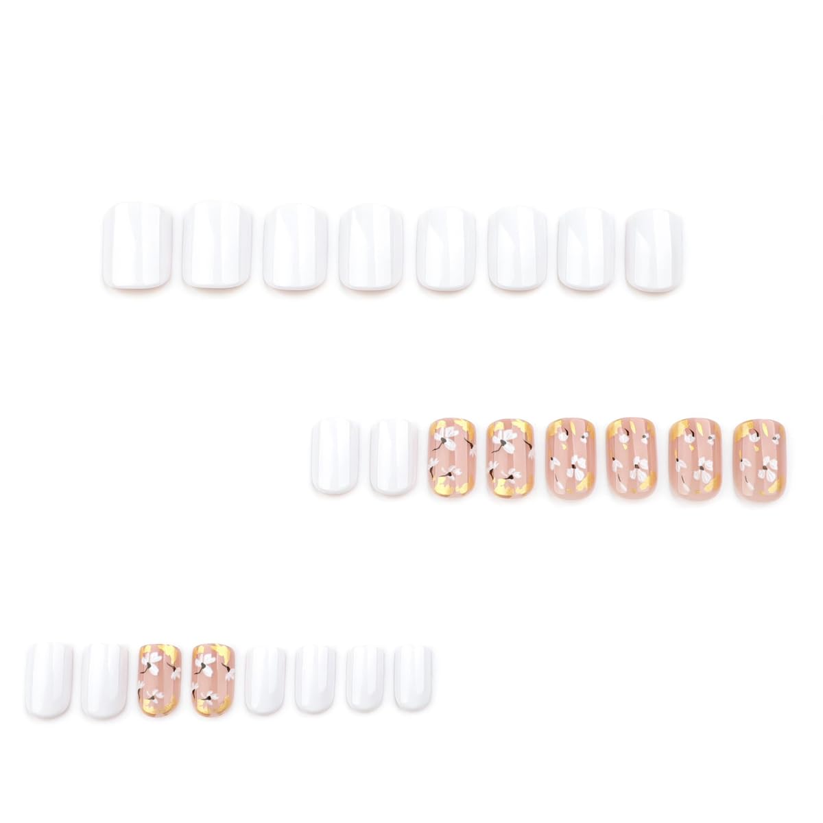 Mivota Fall Short Press on Nails Square, White and gold Fake Nails, Delicate Gold Foil Flower Designs, with a Few Nude Nails Featuring, Glossy Finish Acrylic Nails, Reusable Glue on Nails Kit