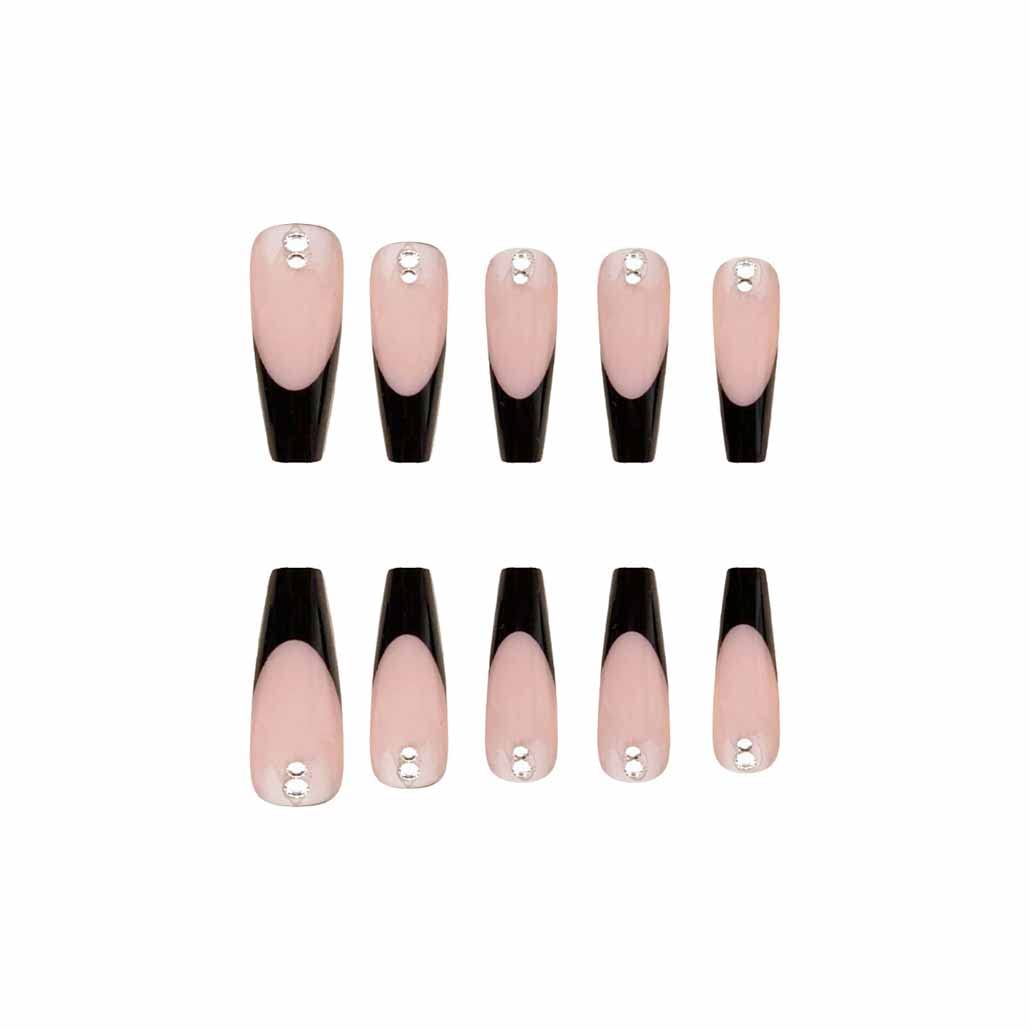 Foccna Long Press on Nails Black Coffin French Fake Nails Full Cover Nude Acrylic False Rhinestone Nails for Women and Girls 24PCS